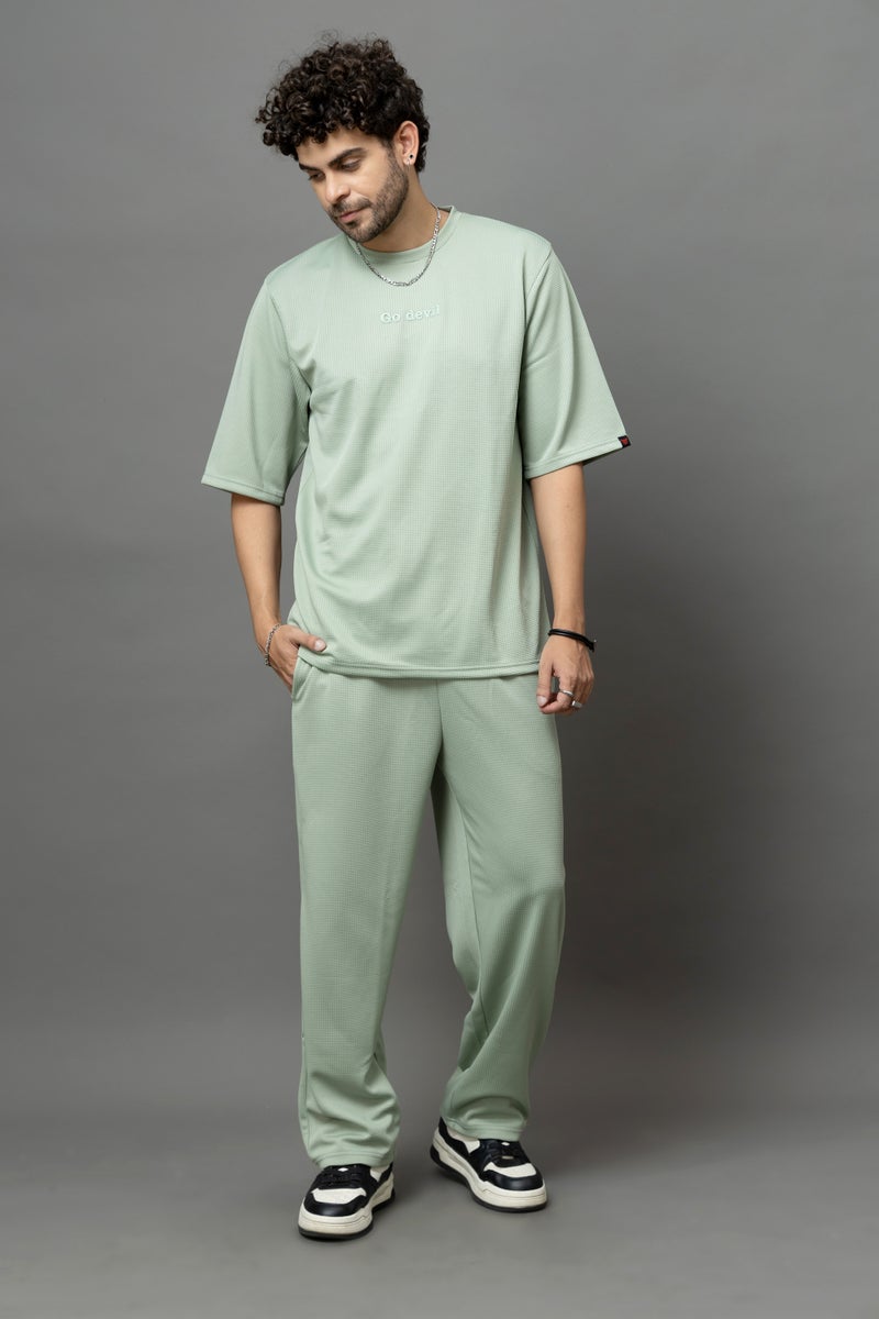 Go Devil Sage Green Textured T-Shirt With Pant Co-Ord Set For Men - Image 1